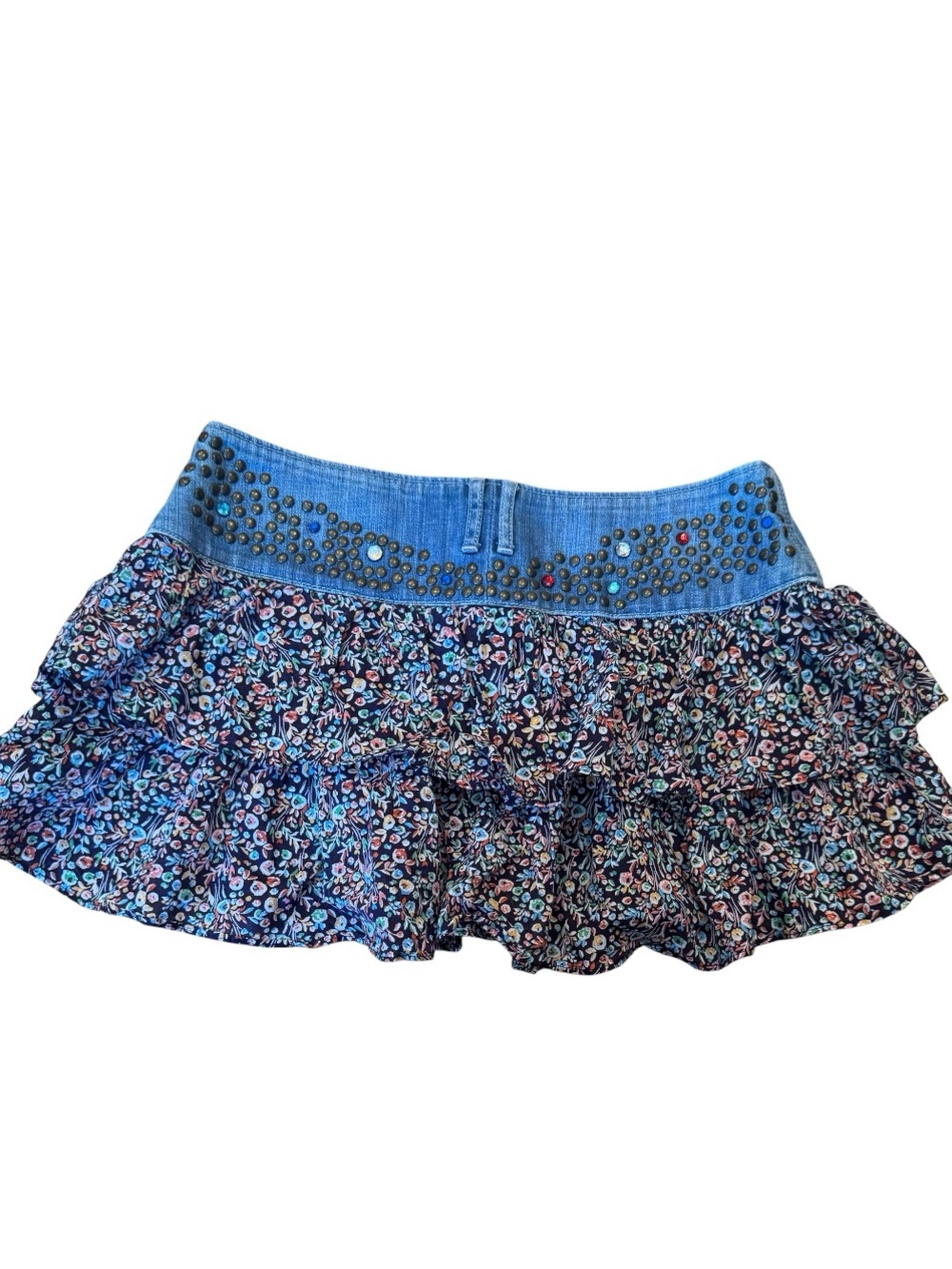 Y2K Express Denim & Floral Ruffle Micro Mini Skirt | Studs Gems Boho Festival - Picture 4 of 13